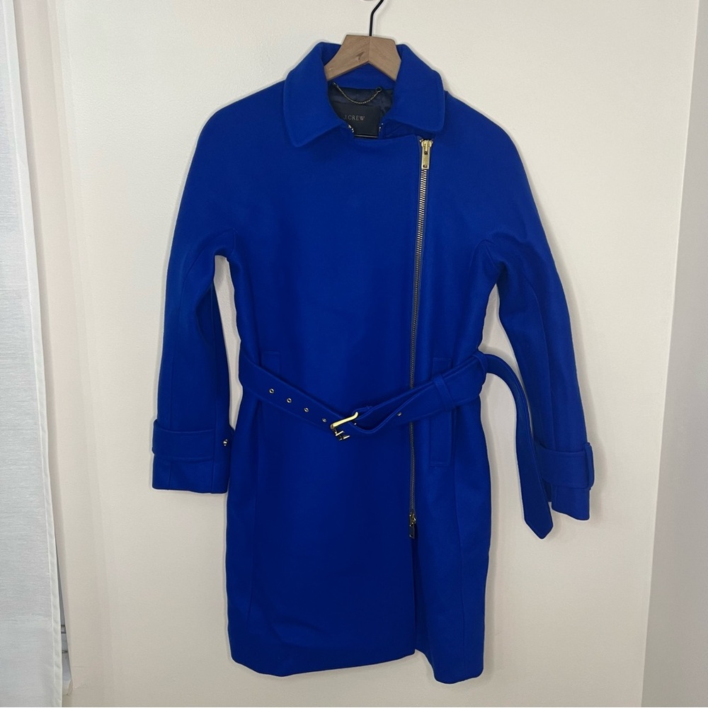 NWT J. Crew Melton Wool Coat Blue Women's Size 4P Winter Pea Topcoat Zip Front